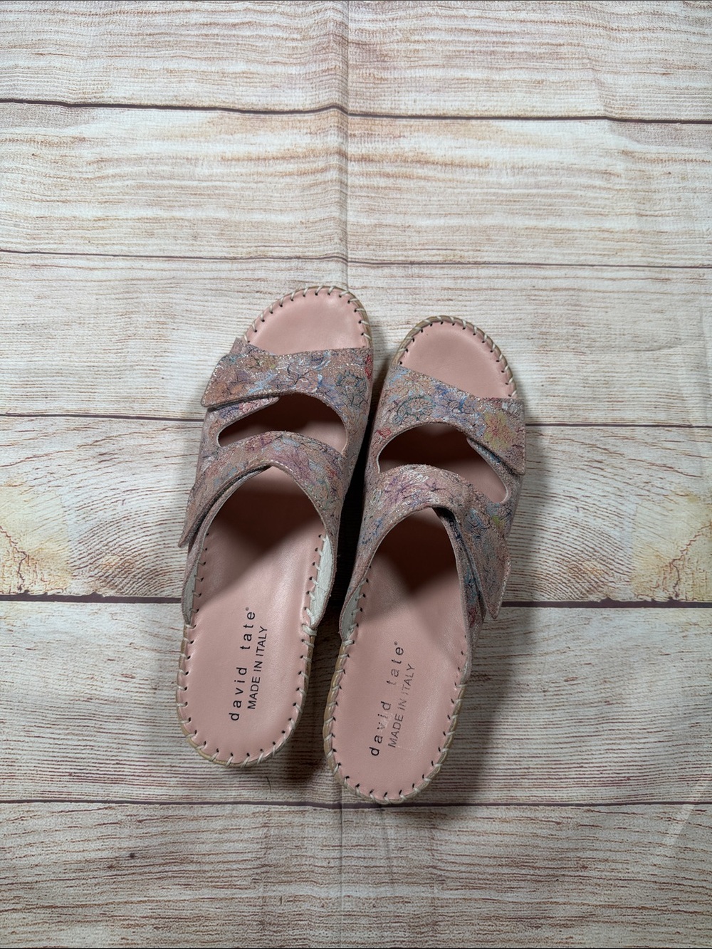 David Tate Blush Pink Multicolor Floral Leather Slide‎ Mules